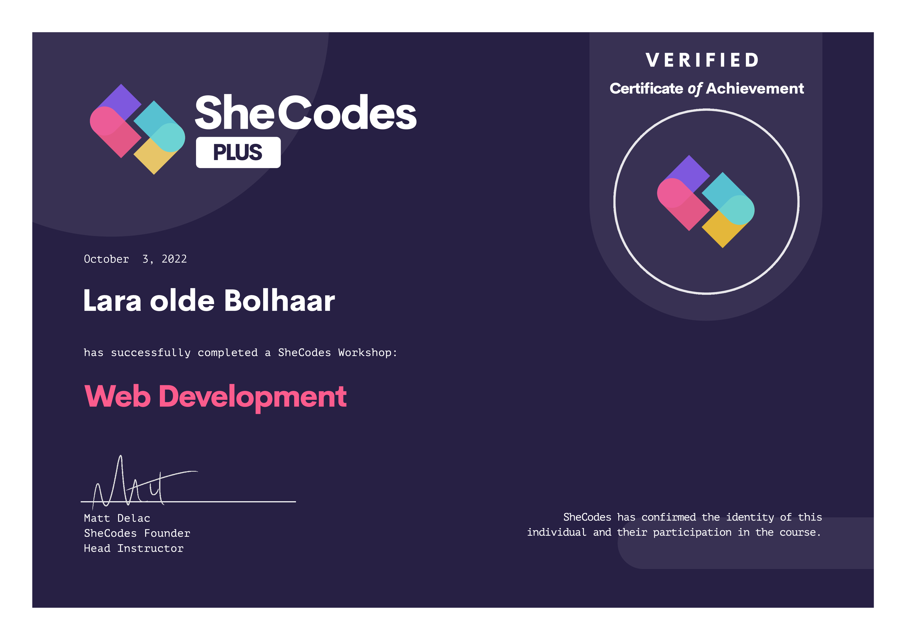 My SheCodes certificate